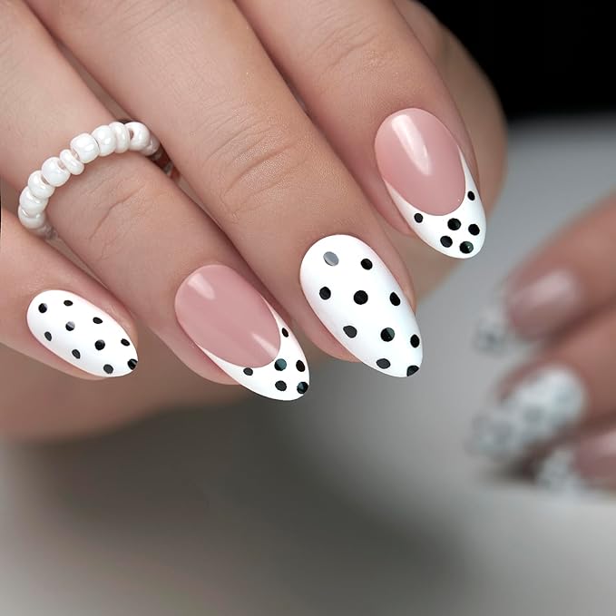 Curvlife Press On Nails – 30PCS Full Cover False Natural Fit Soft Gel Fake Nails Tips, Easy to Apply at Home Glue On False Nails Kit (Black Polka Dot Nails, Medium)