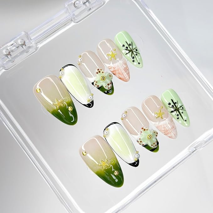 Luxury Press on Nails Medium Almond Handmade 3D Unique Reusable ABS Material Fake Nails Green French Tip False Nails with Designs Starfish Floral Art Petal Glossy Glue on Nails Thick Acrylic Nails(M)