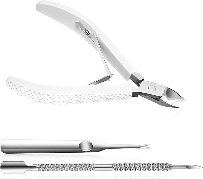 Fine Edge Cuticle Trimmer & Nippers, Scissors, Silicone Handle Nail Tools for Precise Removal, Durable Washable Cuticle Cutter & Remover & Pusher Nail Clippers (White+ Pusher 1Set)