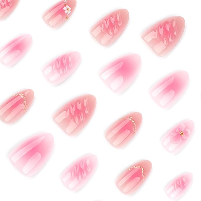 3D Flower Press On Nails Short Almond – Pink White Ombre Gold Line Designs, Acrylic Reusable Fake Nails with Adhesive Tabs Glue, Salon Quality Nail Press Ons - Nail Kit for Women Manicure