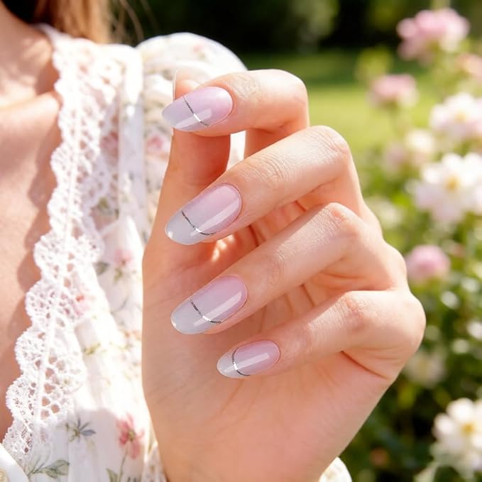 DANNI & TONI Semi Cured Gel Nail Strips Blue-Pink Ombre (Lunar Haze) French Gel Nail Wraps 28 Stickers Gift for Woman