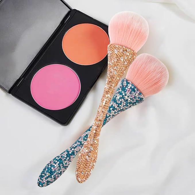 2 PCS Large Nail Art Dust Brush Shiny Rhinestone Nail Fust Brush Ultra Soft Nylon Loose Powder Makeup Brush for Cleaner Brushes forArt Cleaner Tools Shape & Makeup Brushes (Khaki, Blue）