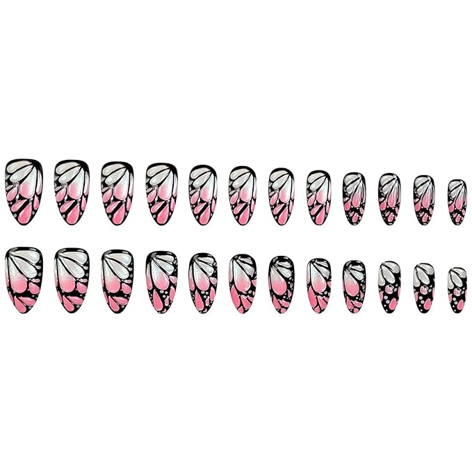 Press on Nails Medium Almond MABKJLF Fake Nails Unique False Nails with Black Butterfly Polka Dots Designs Full Cover Glossy Glue on Nail Acrylic Nails for Women Girls 24Pcs