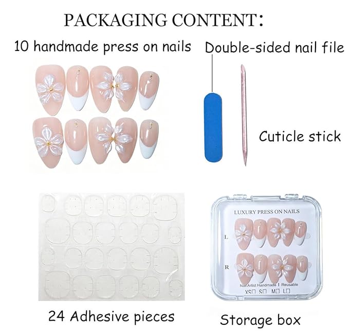10 Medium Almond Handmade Press On Nails | Coquette Aesthetic Light Nude Pink French Fake Nails with 3D Floral & Gold Stud Accents | Reusable Salon Quality Nails(5U03, M)