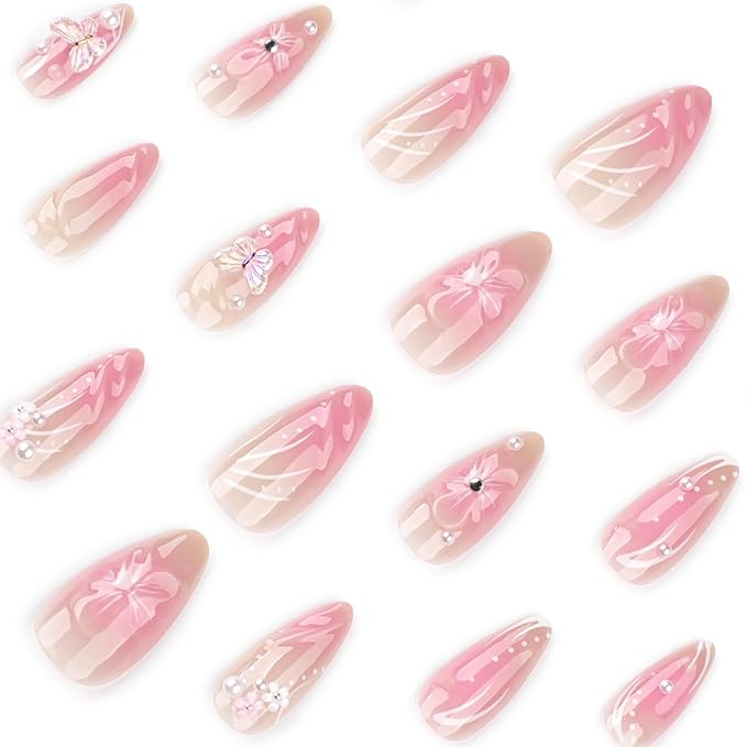 Almond Press on Nails Medium Fake Nails Pink False Nails Ombre Artificial Nails Cute Nails with 3D Flowers Designs PearlStick on Nails for Women 24pcs