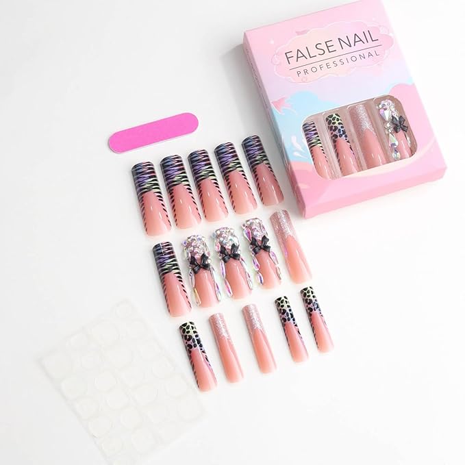 Xl Long Press on Nails Square Fake Nails Pink Full Cover Glue on Nails with Rhinestones and Bow Design Acrylic Nail Press Ons Glossy False Nails Extra Long Nail for Women (Leopard French Tip)
