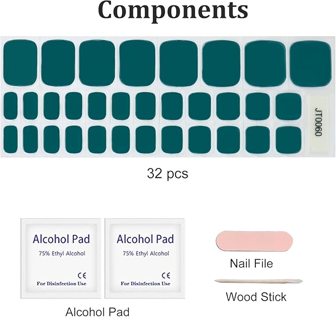 32 Pcs Semi Cured Gel Toe Nail Strips Teal Solid Gel Nail Stickers Full Cover Green Nails Wraps Self Adhesive Toe Nails Polish Strips Stickers for Women UV/LED Light Required