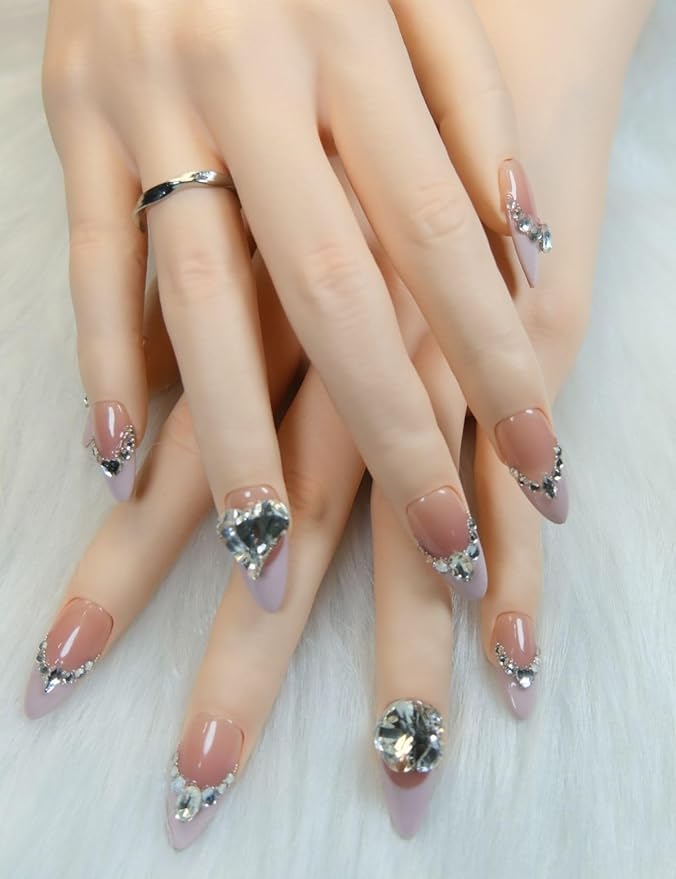 Almond Press On Nails Medium Fake Nails Handmade False Nails Diamond Rhinestones Gems Nail Charms,French Tip Acrylic Nail Kit Gel Nails,Reusable Stick on Nails for Women 10pcs M