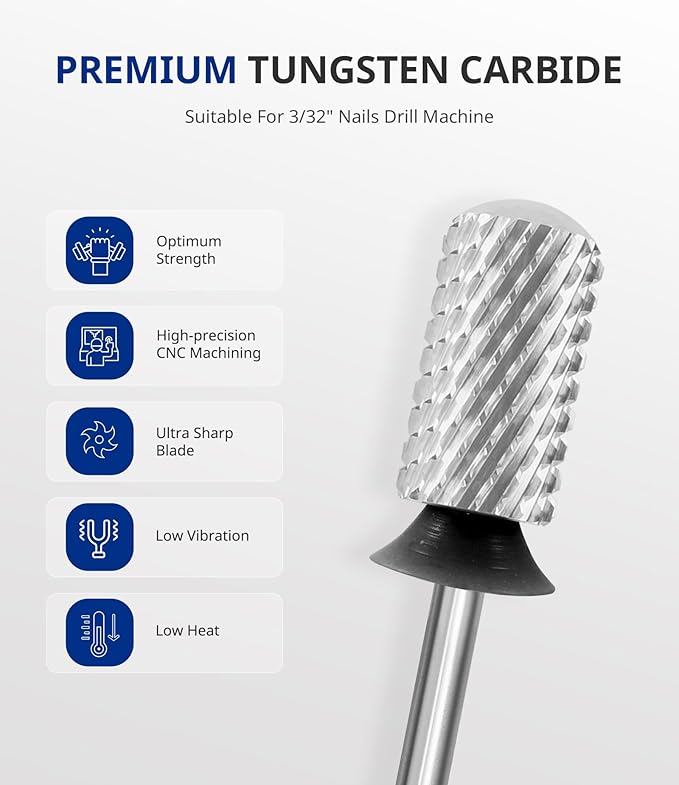 AIRSEE Tungsten Carbide Acrylic Nail Drill Bit Efile Electric File Machine Head Tip for Manicure Polishing Art Remove Gel 3/32" 2 Way Beginner Safety Round Top Cylinder Barrel Extra Coarse-XC