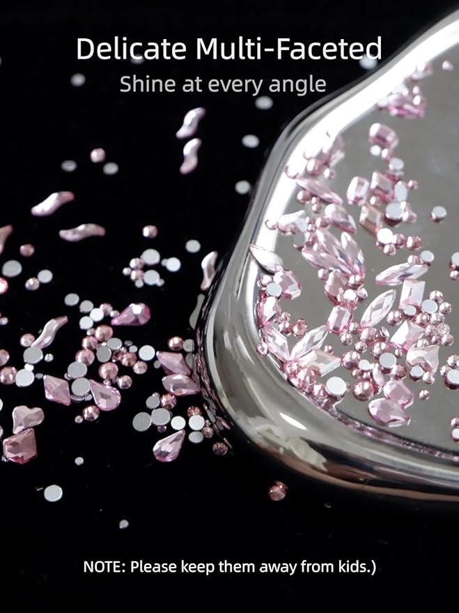 Light Pink Nail Rhinestones, 5380Pcs Flatback Glass Charms Gems Stones, 24 Grids 19 Types of Shaped Nail Art Rhinestones Kit with Tweezers, 6 Sizes for Decoration Face