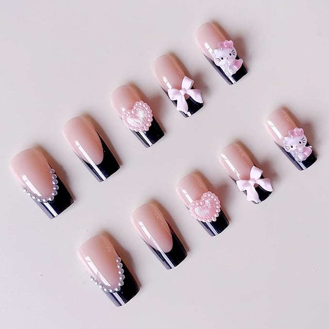 Cute Press on Nails Medium Long Black French Fake Nails Square Pink Glossy 3D Heart False Nail Tips Artificial Nails Finger Manicure for Women 24pcs