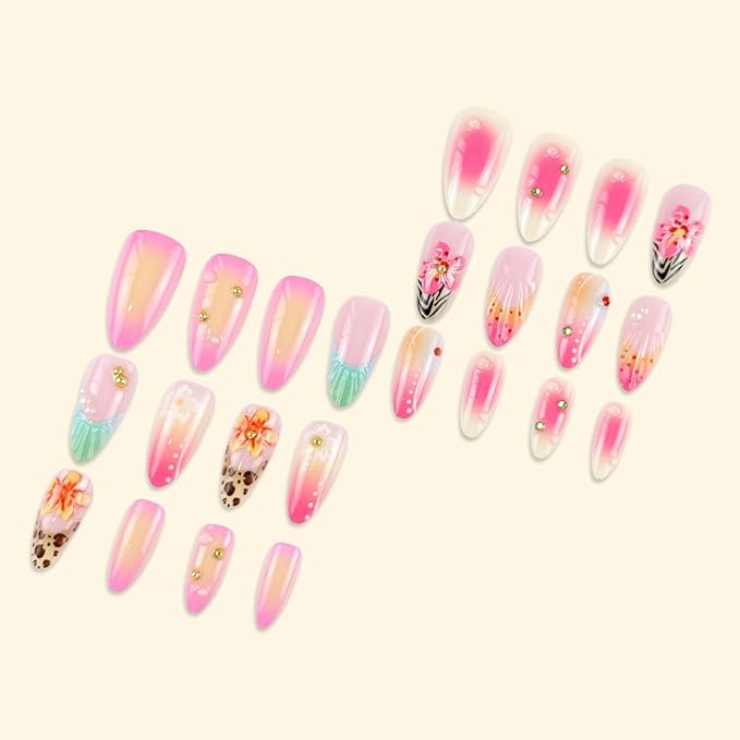 Medium Press on Nails Almond Fake Nails Pink False Nails French Artificial Nails with Pearl Designs Beach Handmade Nails Cute Stick on Nails for Women 24pcs