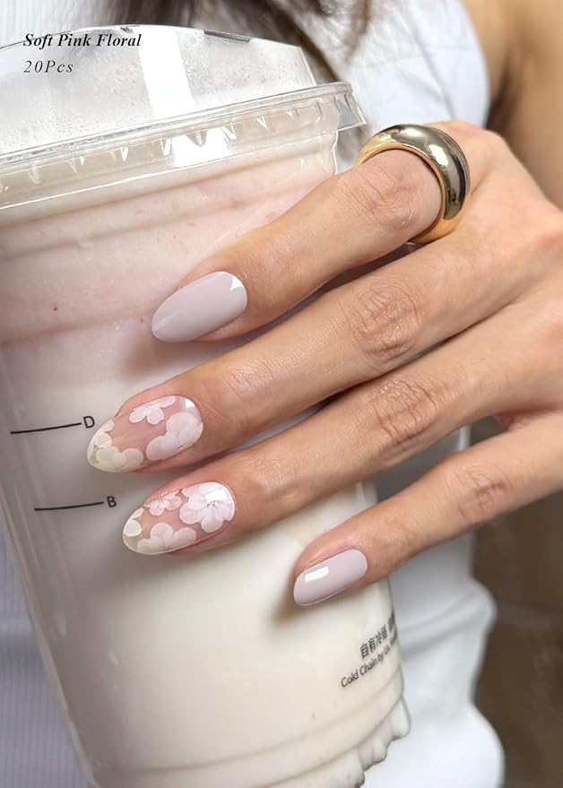 Semi Cured Gel Nail Strips (Soft Pink Floral), 20 Pcs Flower Gel Nail Wraps, Stickers, UV Light Required, Salon Quality, Long Lasting