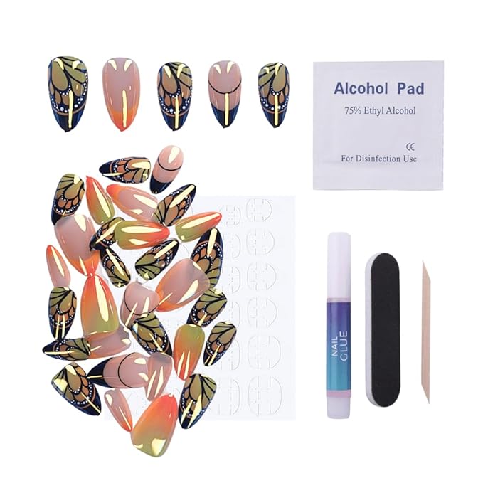 Maniology Press-On Nails Fairycore | Short Almond Shape Nail Tips – Whimsical Butterfly Wings & Fantasy-Themed Designs, Reusable, Durable & Easy Application, 30-Piece 15 Sizes False Nails Kit