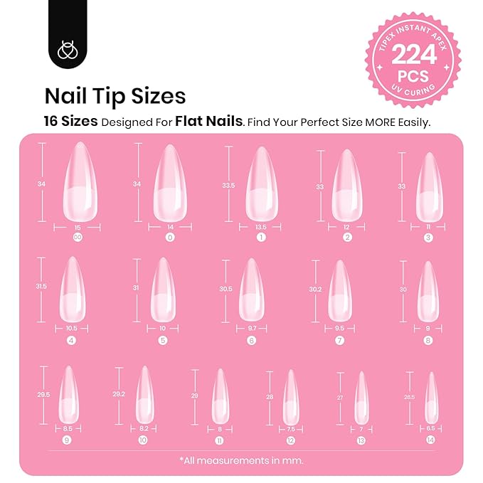 Beetles Tipex Nail Tips Kit Stiletto Long, 224Pcs 16 Sizes,Pre-building Pre-Etched Strong Thicker Acrylic Tips with Mini U V Lamp Tipex Nail Glue
