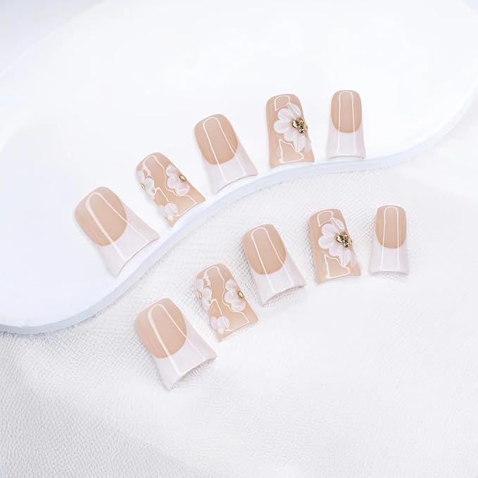 Duck Press on Nails Short Handmade 3D Unique Flower Fake Nails White French Tip False Nails with Designs Thick and Muti-Layer Gel Acrylic Nails Glossy Glue on Nail for Women (Size M)