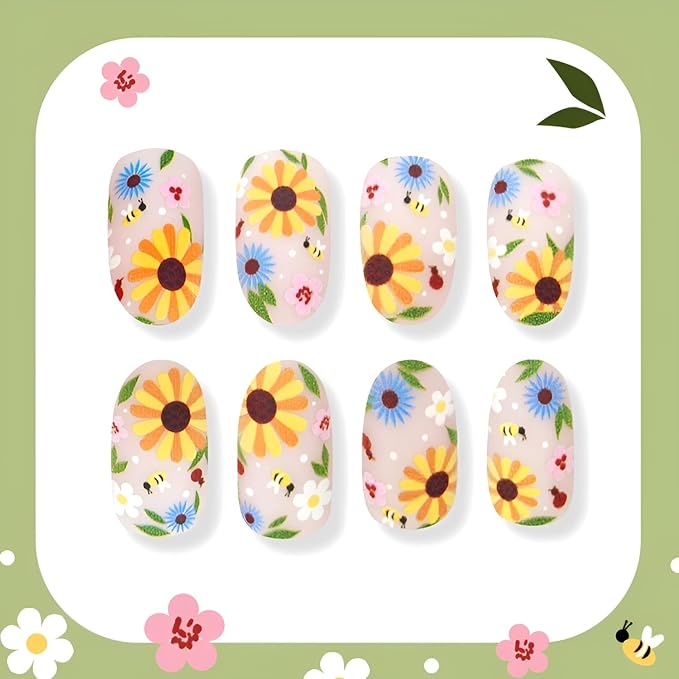 24Pcs Flower Fake Nails Short Almond Press on Nails Colorful Floral Nails Press Ons Summer Spring False Nails Matte Full Cover Glue on Nail DIY Acrylic Stick on Nail for Women Decorations Set