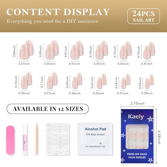 evpct 3D Nude Pink Press on Nails Short Almond with Gold White Flower Design, Short Almond Stick on Nails for Women Gift with Kit, Reusable Soft Gel Acrylic Press on Fake Nail with Floral Design
