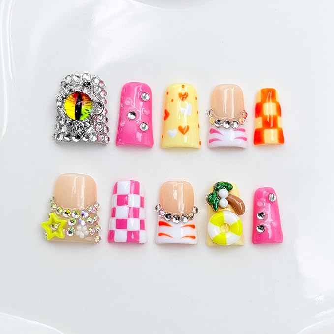 Handmade Short Duck Press on Nails Luxury Rhinestone Design Fake Nails Pink Grid False Nails with Glue,Muti-Layer Gel Thick Press ons Nail Eyes Charms Reusable Acrylic Nails for Women(Size S)