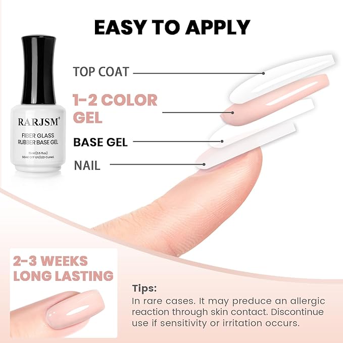 RARJSM Clear Fiber Glass Rubber Base Gel Nail Polish for Repair Broken Nails Strengthener Gel Base Coat Transparent Brush on BuildingGel in a Bottle Soak Off UV LED Curing Requires 15ml Salon Home