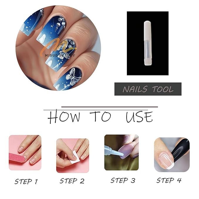 MISUD Press on Nails - Long Square Fake Nails with Blue Ombre, Acrylic Butterfly Design 24 pcs