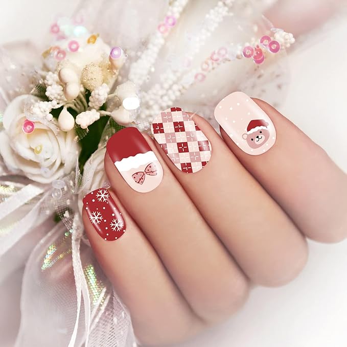 JERCLITY 224 Pieces 16 Sheets Christmas Nail Polish Strips Christmas Nail Wraps for Short Nails Christmas Tree Snowflake Snowman Gel Nail Strips Self-Adhesive Nail Stickers Full Nail Wraps for Women