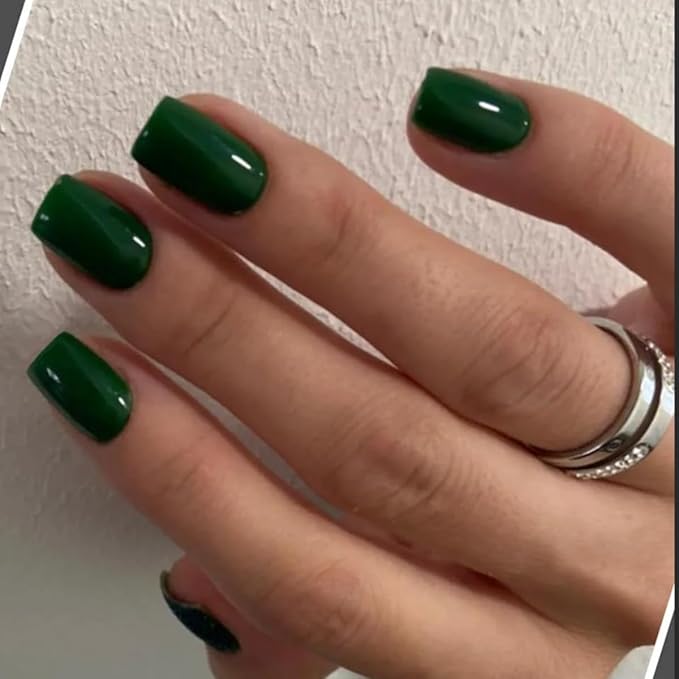 Dark Green Press On Nails - Short Square Natural Gel Nails Glue On Acrylic Press Ons Emerald 48Pcs Thick Reusable Fake Nails for Women Coffin Artificial Solid Color Square Nails