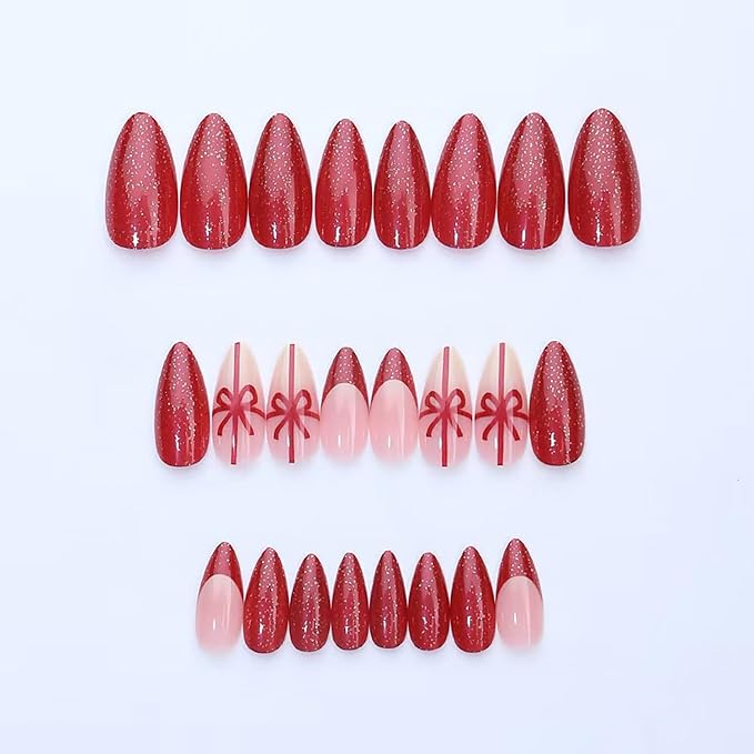 Christmas Press on Nails Medium Almond MABKJLF Fake Nails French Tip False Nails with Bow Glitter Designs Red Glossy Glue on Nail Full Cover Acrylic Nails for Women Girls 24Pcs