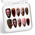 Handmade Press on Nails Brown French Medium Almond Fake Nails with Cherry Rhinestone Design Spring Summer False Nails Luxury Gradient Stick on Nail Muti-Layer Gel Acrylic Nail for Women (Size S)