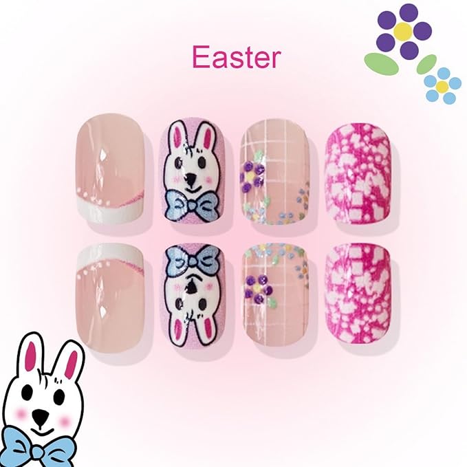 24 Pcs Easter Press on Nails White French Tip Fake Nails Cute Bow Bunny & Colorful Flower Designs Short Square False Nails Glossy Pink Acrylic Nails Full Cover Stick on Nails for Women Nail Art DIY