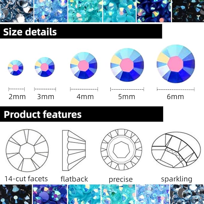5 Boxes 12420pcs Sparkling Crystal Nail Rhinestones Kit, Flatback Multicolor Transparent Jelly AB Mermaid Gems with Pick Up Pen and Curved Tweezers for Manicure Salon & Craft DIY Designs (Blue)