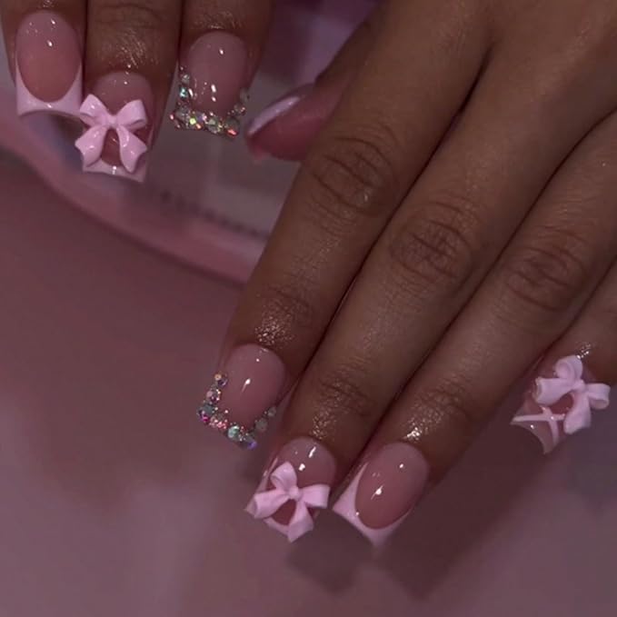 Pink French Tip Short Square Press on Nails MABKJLF Cute Fake Nails False Nails with Bow Rhinestones Designs Full Cover Glossy Glue on Nails Stick on Nails for Women Girls 24Pcs
