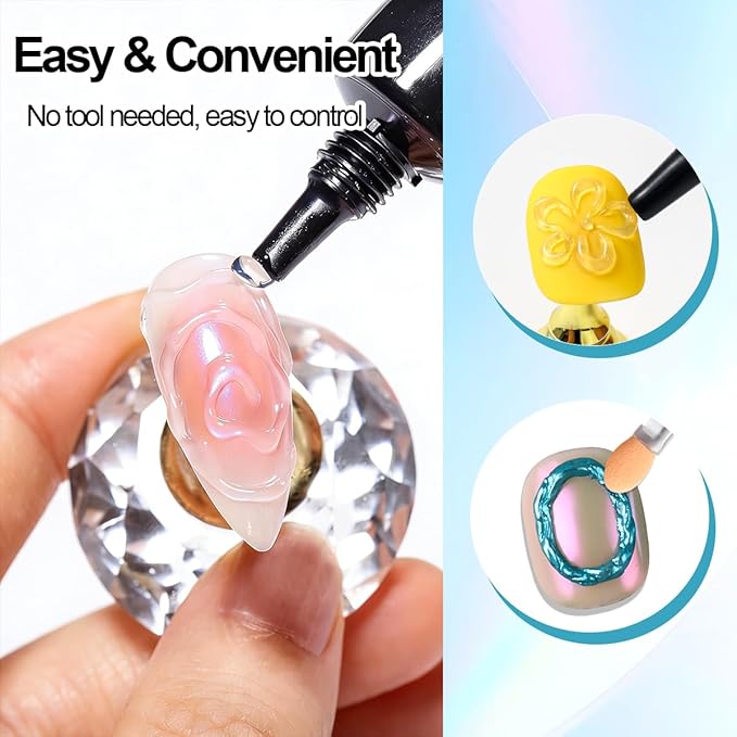 3D Gel Nail Art & Chrome Nail Powder Kit, Metallic Mirror Effect Holographic Aurora Iridescent Chrome Pigment Glitter Dust and 10g Clear 3D Sculpting Gel for DIY Nail Art (Lake Blue)