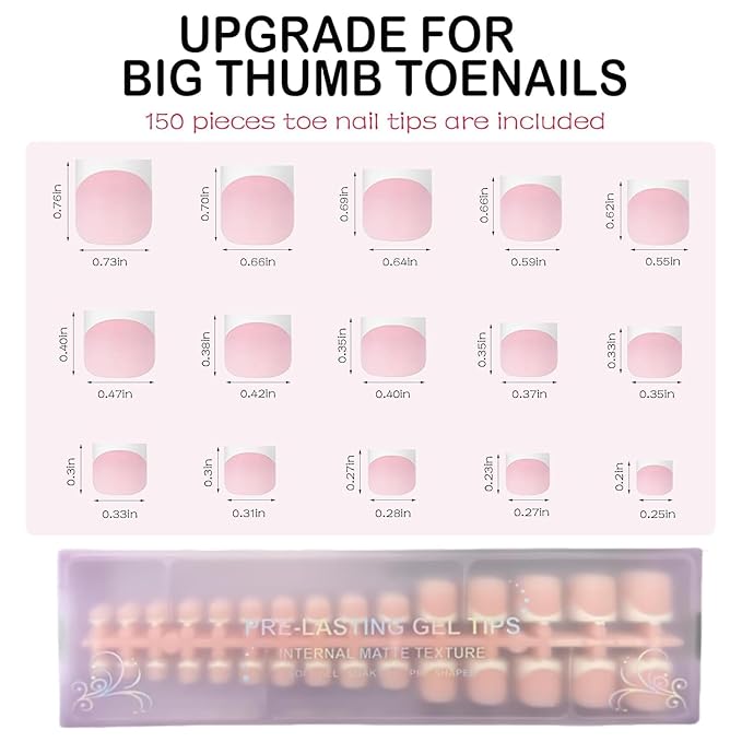 150pcs French Tip Press on Toenails Short Square, Pink Press On Nails White French Toe Nail Tips for Women, Soft Gel Fake Toe Nails, Acrylic Nails Soak off Nail Home DIY 15 Size
