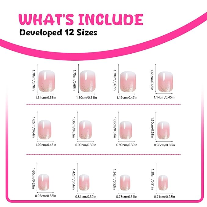 24 Pcs French Tip Press on Nails Short Square Pink White Gradient Fake Nails with Glitter Designs Reusable False Nails Glossy Glue on Nails Full Cover Artificial Nails for Women Girl