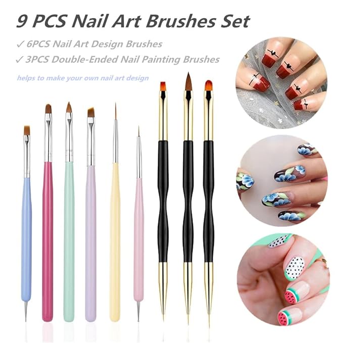 6 PCS Nail Art Brushes Set with 3 PCS Nail Painting Brushes, Double Ended Brush and Dotting Tool Kit, Nail Art Design Tools