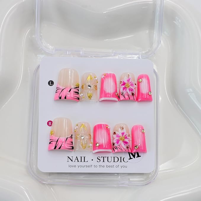 10Pcs Pink French Tip Press on Nails Handmade Short Fake Nails Duck False Nails with 3D Flower Rhinestone Design Full Cover Acrylic Nails Press ons Handmade Flower Glue on Nail for Women (S)