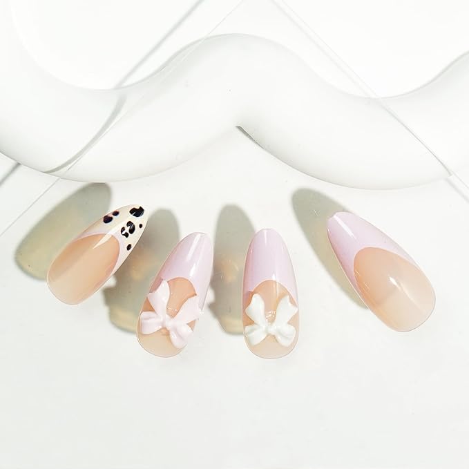 24pcs Leopard Print French Tip Pres on Nails Medium Almond Fake Nails 3D Resin Bow Charm Designs False Nails Pink French Full Cover Acrylic Stick on Nail Glossy Reusable Artificial Nail for Women