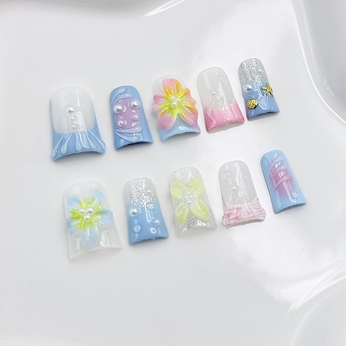 3D Flower Blue Gradient Handmade Press on Nails Shiny White Pearl Design Pink Gradient False Nails with Gold Shell Starfish Artificial Acrylic Full Set Press on Nail for Women Girls 10 Pcs （Size M）