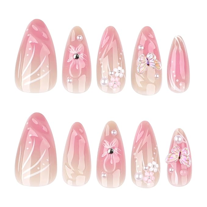 Almond Press on Nails Medium Fake Nails Pink False Nails Ombre Artificial Nails Cute Nails with 3D Flowers Designs PearlStick on Nails for Women 24pcs