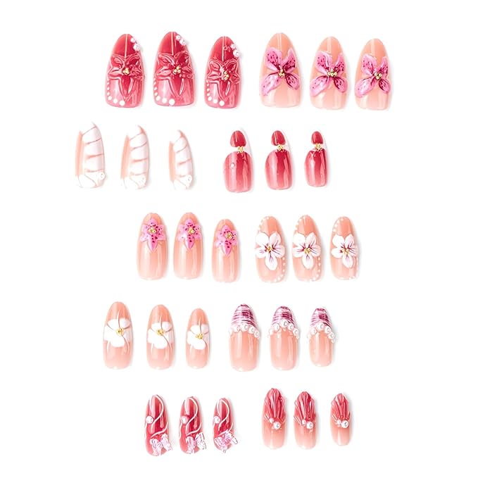 Flower Press on Nails Medium Almond Fake Nails Butterfly Flower Nails Press Ons with 3D Design Glossy False Nails Pearl Glue on Nail Summer Spring Stick on Nail for Women Decorations 30Pcs