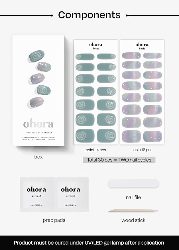 ohora Semi Cured Gel Nail Strips (N Milky Swirl) - Works with Any Lamps, Salon-Quality, Long Lasting, Easy to Apply & Remove - Includes 2 Prep Pads, Nail File & Wooden Stick