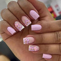 Press on Nails - Medium Square Fake Nails with Floral Design - Purple Full Cover Stick on False Nails - for Women 24 Pcs