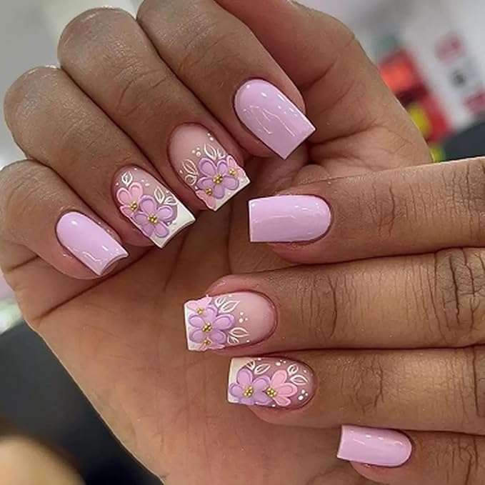 Press on Nails - Medium Square Fake Nails with Floral Design - Purple Full Cover Stick on False Nails - for Women 24 Pcs