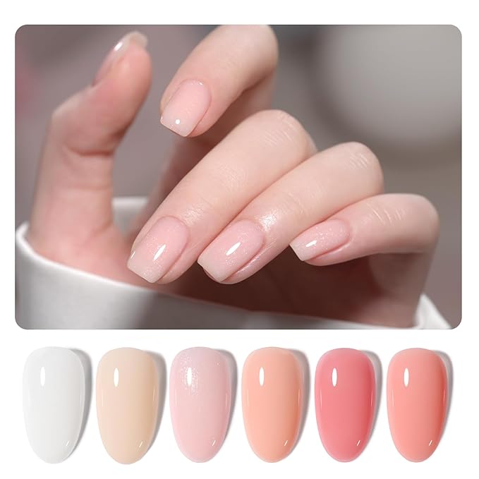 GAOY 6 Colors Rubber Base Gel Set, Jelly Builder Base Nail Gel Sheer Nude White Pink, 2-in-1 Soak Off Nail Strengthener, Petal Whisper