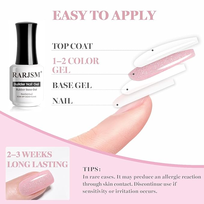 RARJSM Nude Baby Pink Rainbow Glitter Rubber Base Coat Gel Nail Polish Natural Skin Tone Iridescent Shimmer Brush on Extend Jelly Gelpolish Soak Off Curing Requires 15ml Salon Home French Manicure