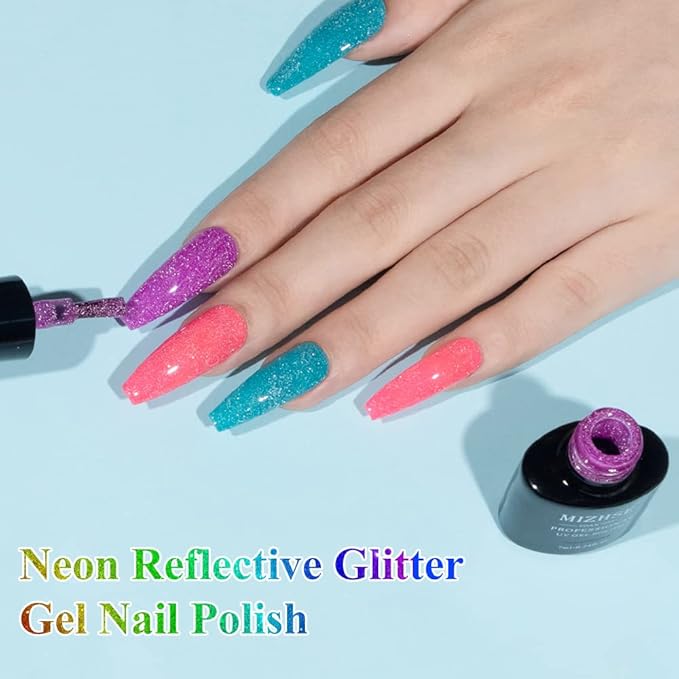 MIZHSE Neon Reflective Gel Polish Set,Sparkly Shiny Disco Shimmer Nail Polish Gel Kit Fluorescent Bright UV LED Soak Off Glitter Nail Gel Polish for DIY Nail Art Salon