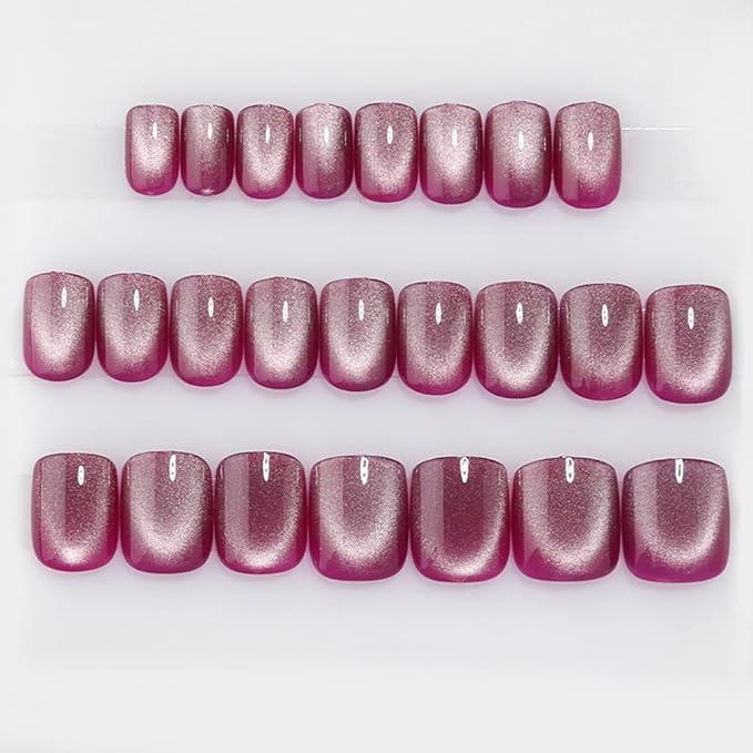 Rose Purple to White Gradient Press On Nails Short Square Cat Eye Nails, Fashion Gel Fake Nails, Reusable Acrylic Fake Nails, Glossy Stick On Nails for Women, Glue On Nail Kit, Purple Moonlight Glow