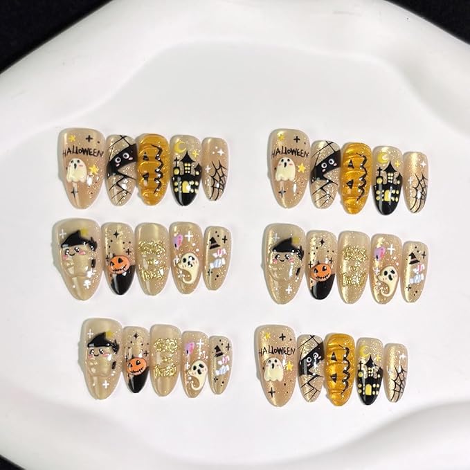 30Pcs Halloween Press on Nails Medium Almond Fake Nails with Gold Letters Cute Ghost Star Designs Goth Pumpkin False Nails Full Cover Artificial Glue on Nails Halloween Holiday Stick on Nail for Women