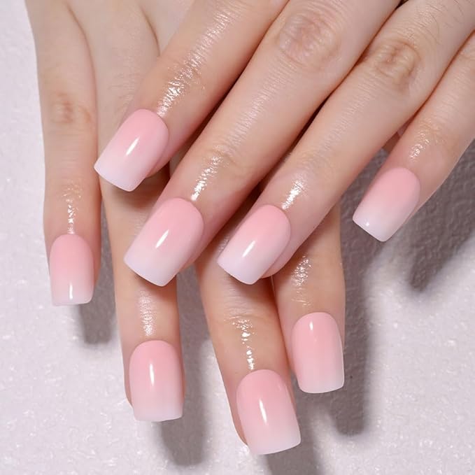 Pink White Ombre Press on Nails, Short Square Acrylic Fake Nails Design, Natural Reusable Nails Kit for Women DIY False Nail Art Decoration Gift, Salon Quality Reusable 15/30 Pcs